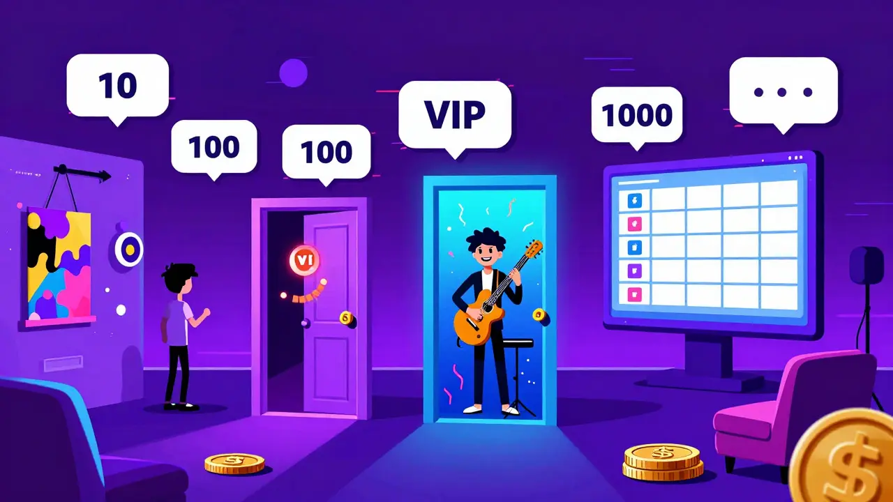 Discord members with different token amounts unlocking magical doors to art galleries, jazz clubs, and Zoom rooms.