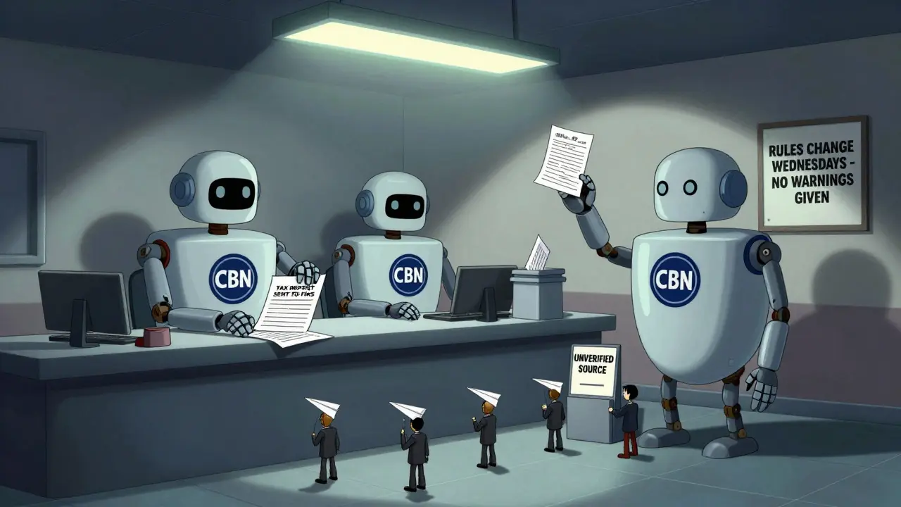 Faceless bank robots process crypto traders like paper airplanes, one stamping a tax report, another shredding an account.