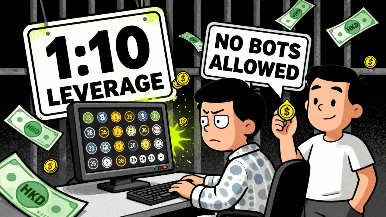 Frustrated trader surrounded by limited crypto options and giant 'No Bots Allowed' signs with HKD notes floating nearby.