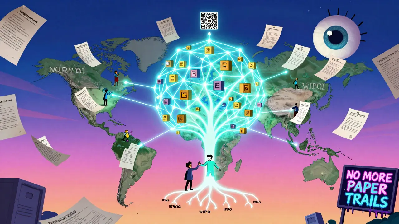 Global map of connected blockchain blocks linking inventors worldwide under a glowing tree of IP platforms.