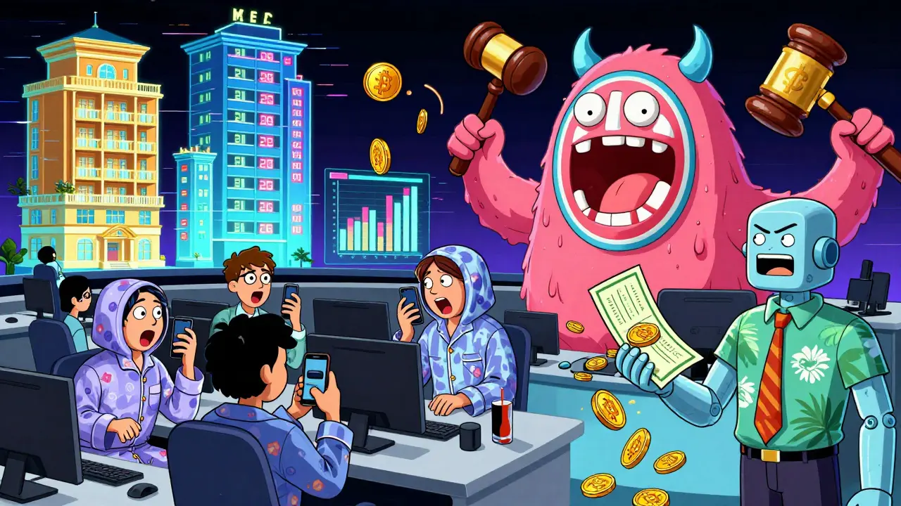 Investors in pajamas trading real estate tokens on phones, with giant condo-shaped price charts and a giant SEC monster chasing a token.