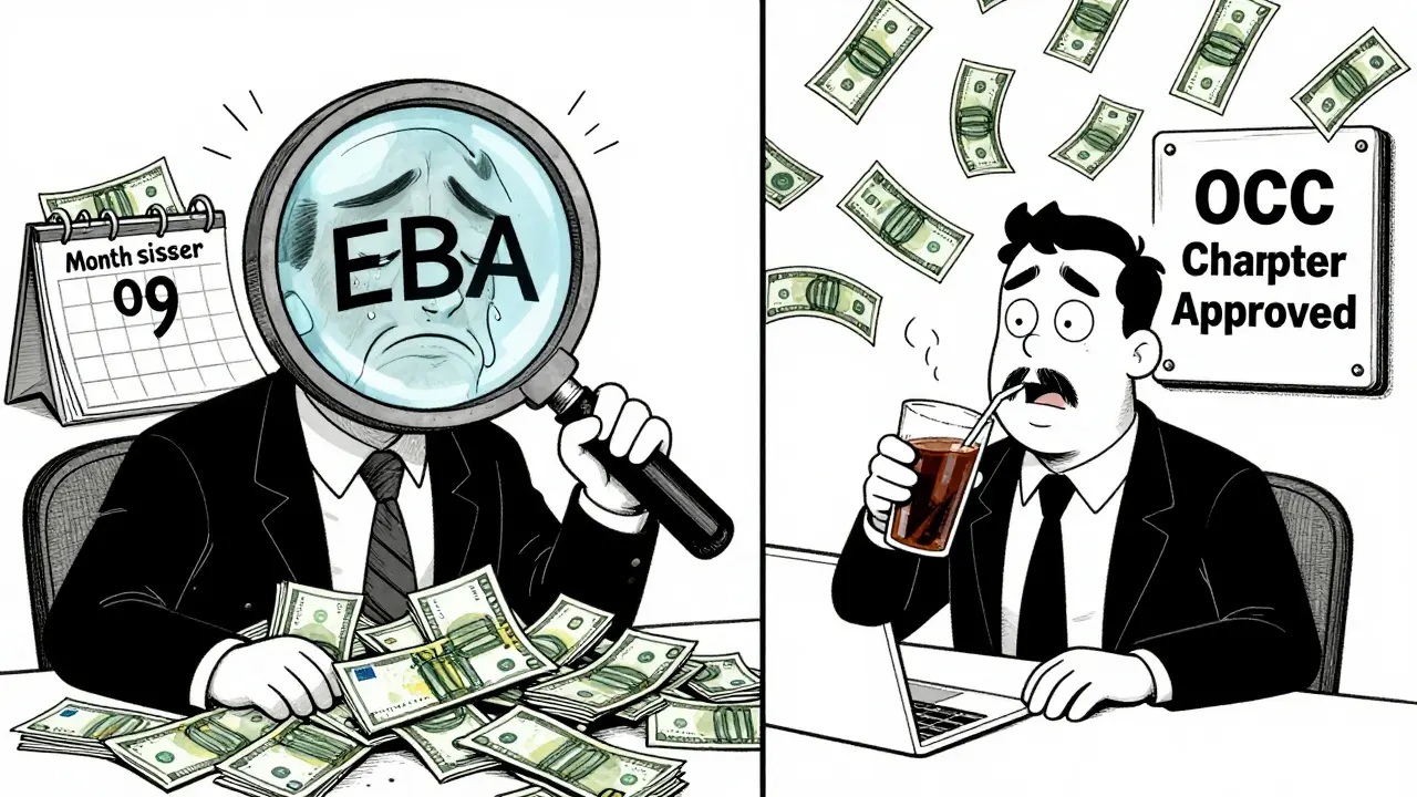 Split cartoon scene: a stressed EU issuer buried in paperwork vs. a relaxed US issuer with Treasuries raining money.