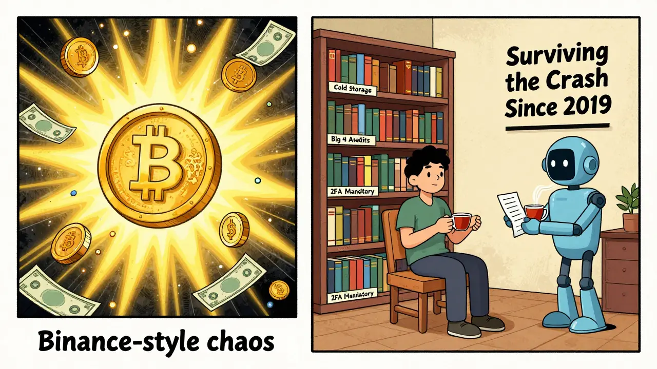 Split scene: chaotic crypto exchange vs. calm library-style HashKey Exchange with safety labels and a tea-drinking user.
