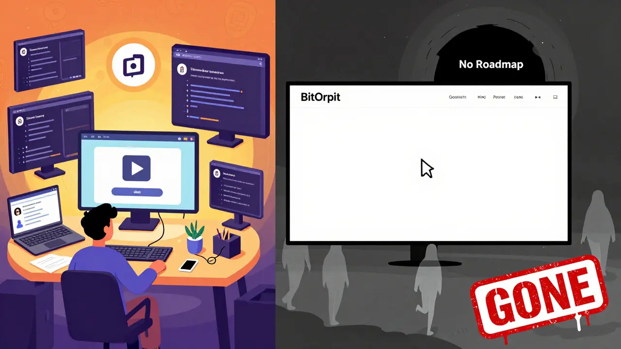 Split scene: vibrant active project vs. empty BitOrbit website with ghost team walking away.