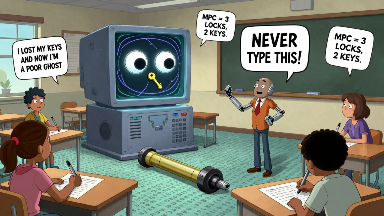 Students writing a seed phrase on paper as a robot teacher warns them, with a confused quantum computer nearby.