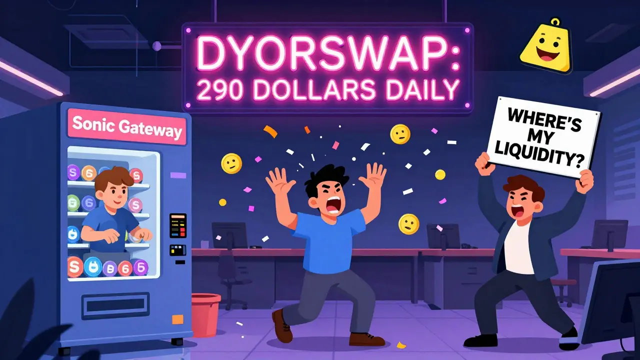 Three users trapped in a chaotic crypto loop with broken gateway and tiny trading volume sign.