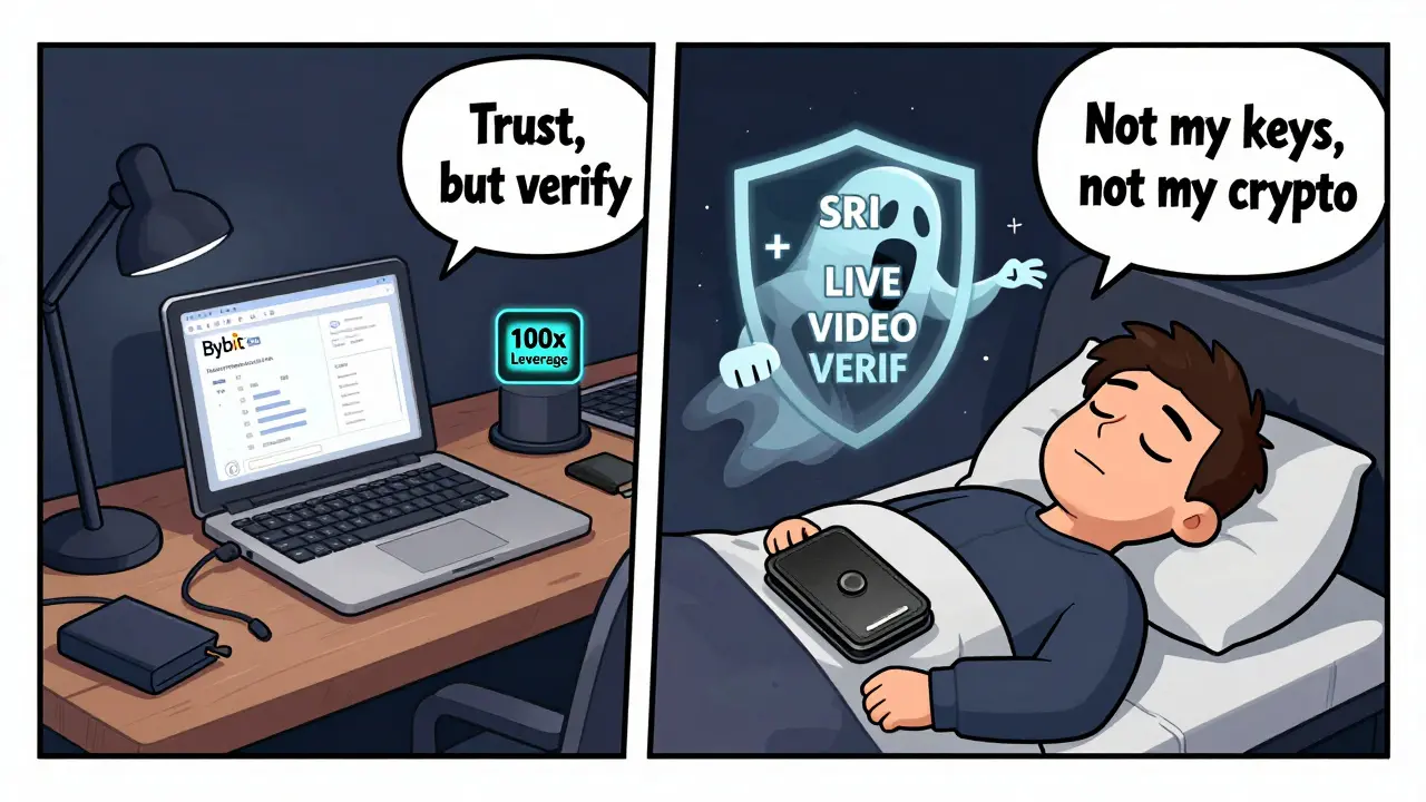 Trader uses Bybit for trading but keeps crypto in a hardware wallet, protected by security symbols.