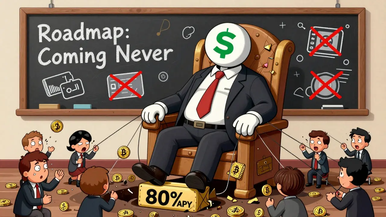 A bloated CEO puppet pulling strings of desperate users into a money pit labeled '80% APY'.