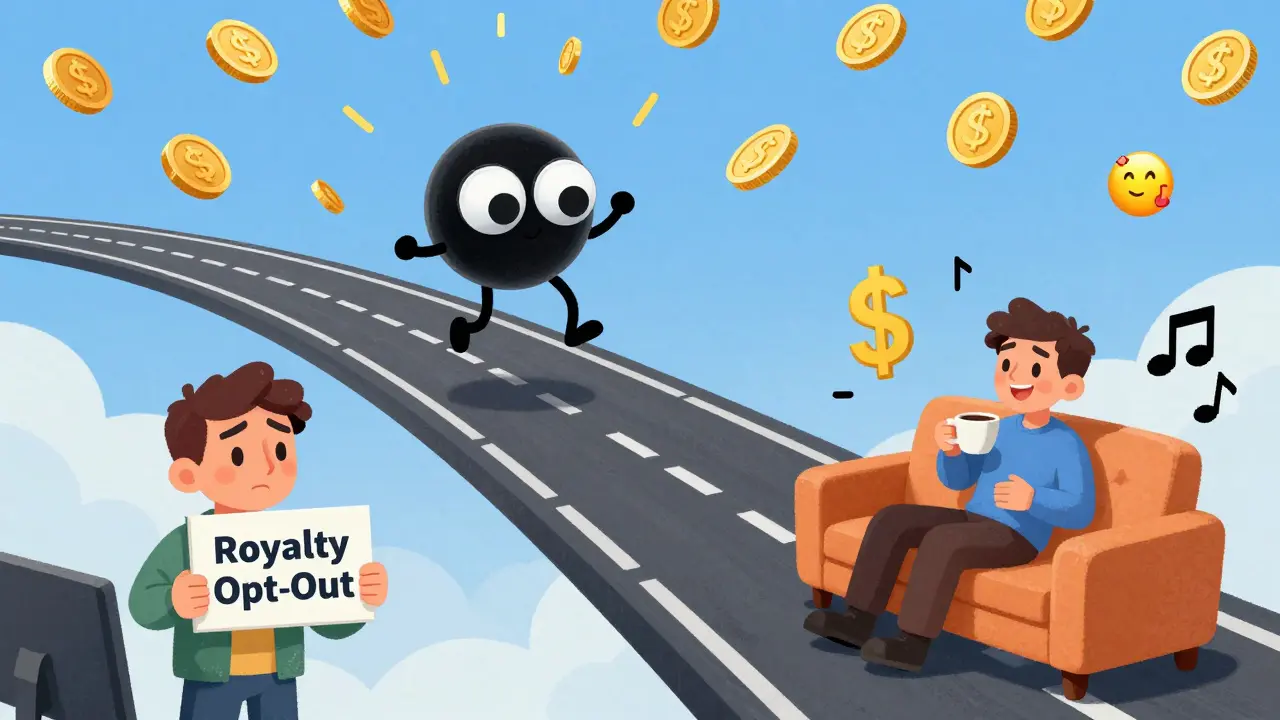 A cartoon audio loop NFT dancing on a blockchain highway as golden coins rain down, with a confused buyer holding an opt-out sign.