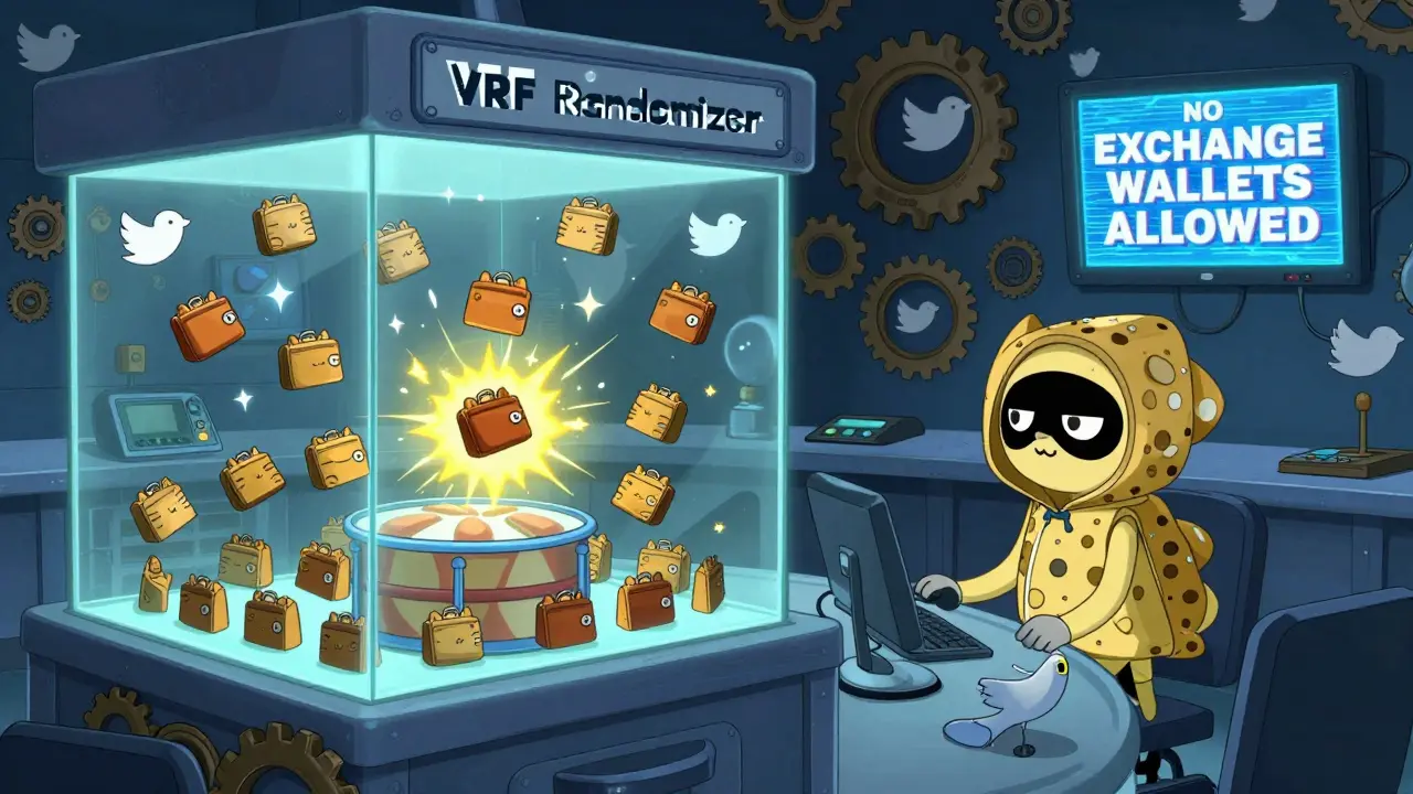 A cartoon control room with a randomizer machine selecting glowing wallet-cat tokens from a lottery drum.