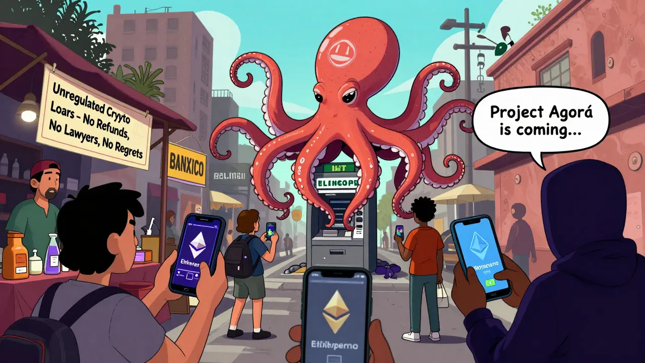 A chaotic street market in Mexico City where people trade crypto while a bureaucratic octopus crushes ATMs.