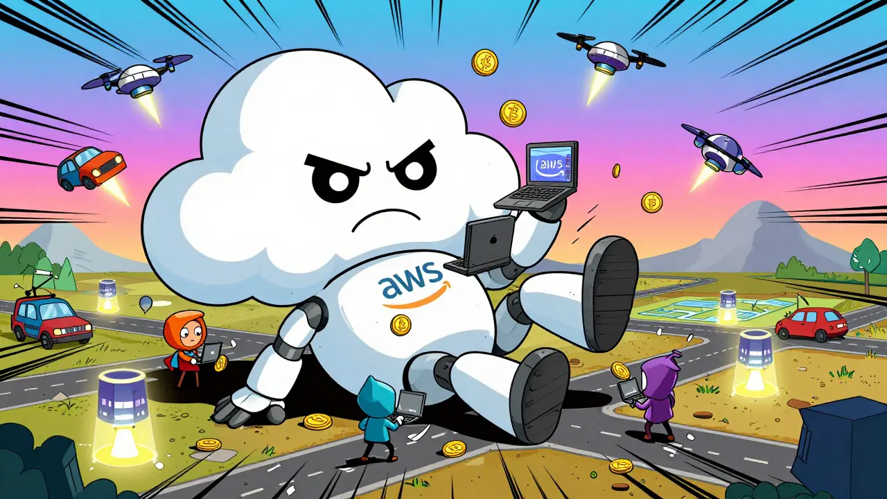 A collapsed cloud server robot surrounded by tiny heroes connecting to decentralized hotspots and drones.
