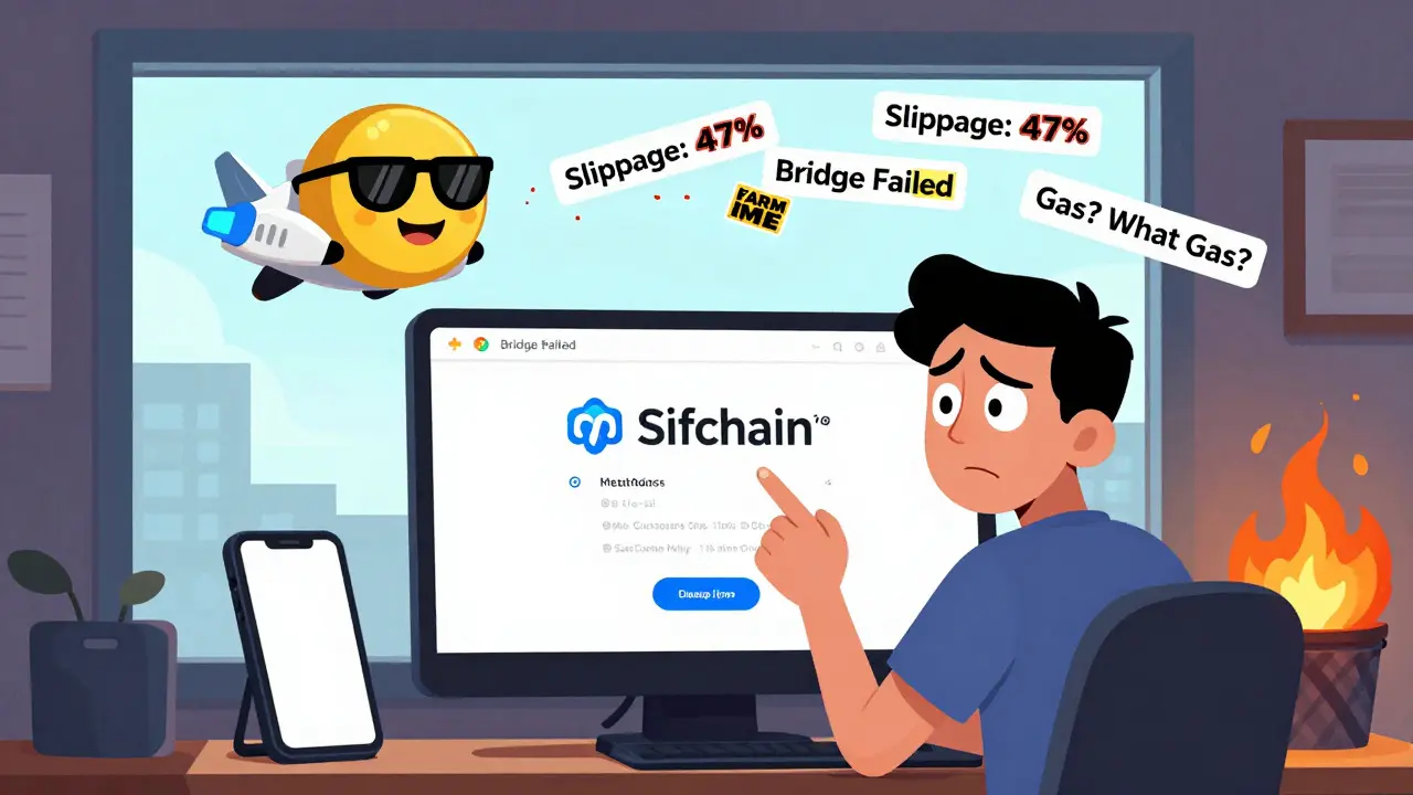 A confused user facing error messages on a Sifchain screen as a ROWAN token with sunglasses flies away.