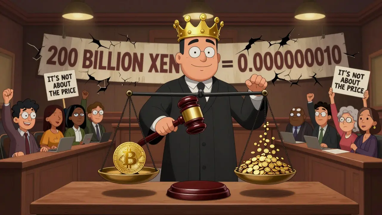 A courtroom scale comparing one Bitcoin to 267 trillion XEN tokens with a cheering crowd.
