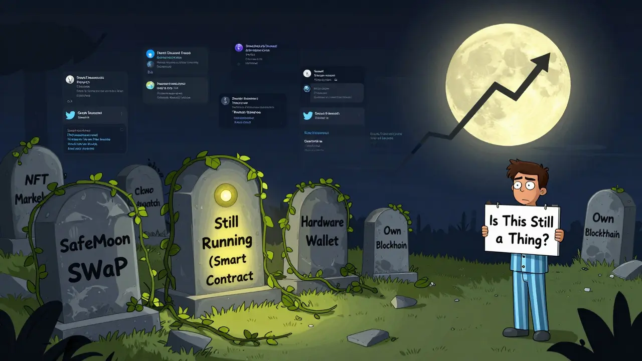 A crypto graveyard with tombstones for failed SafeMoon features and one flickering LED light.