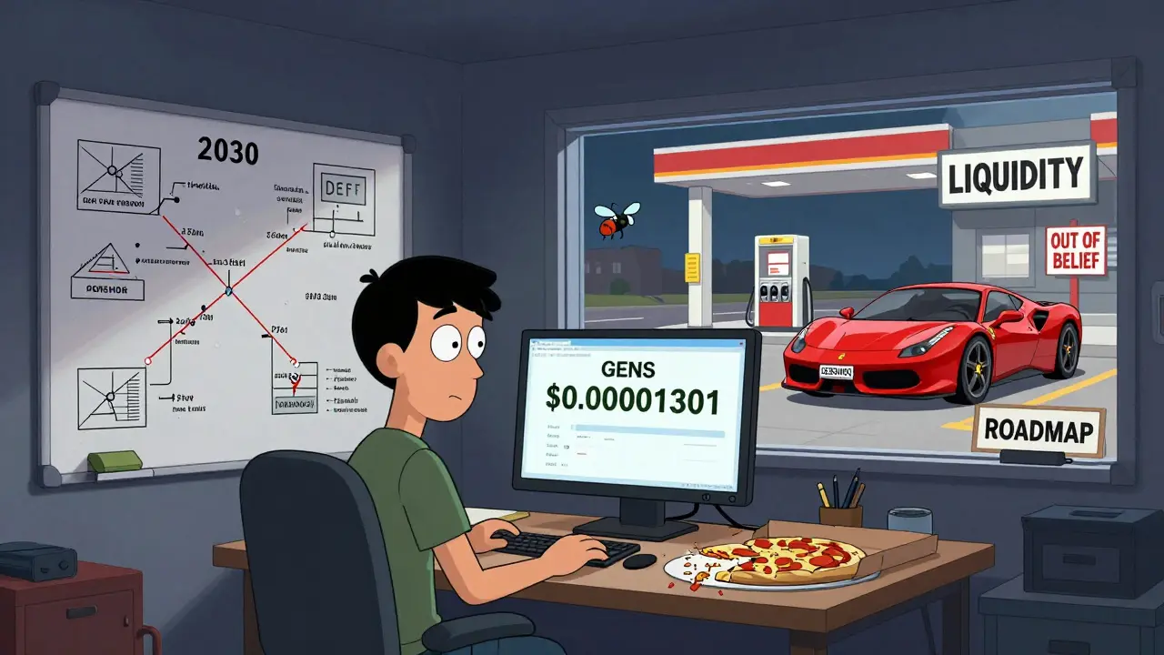 A developer stares at a GENS price chart of <h2>Is There a New Airdrop Coming?</h2>.00001301 while a Ferrari sits unused beside an empty gas station.