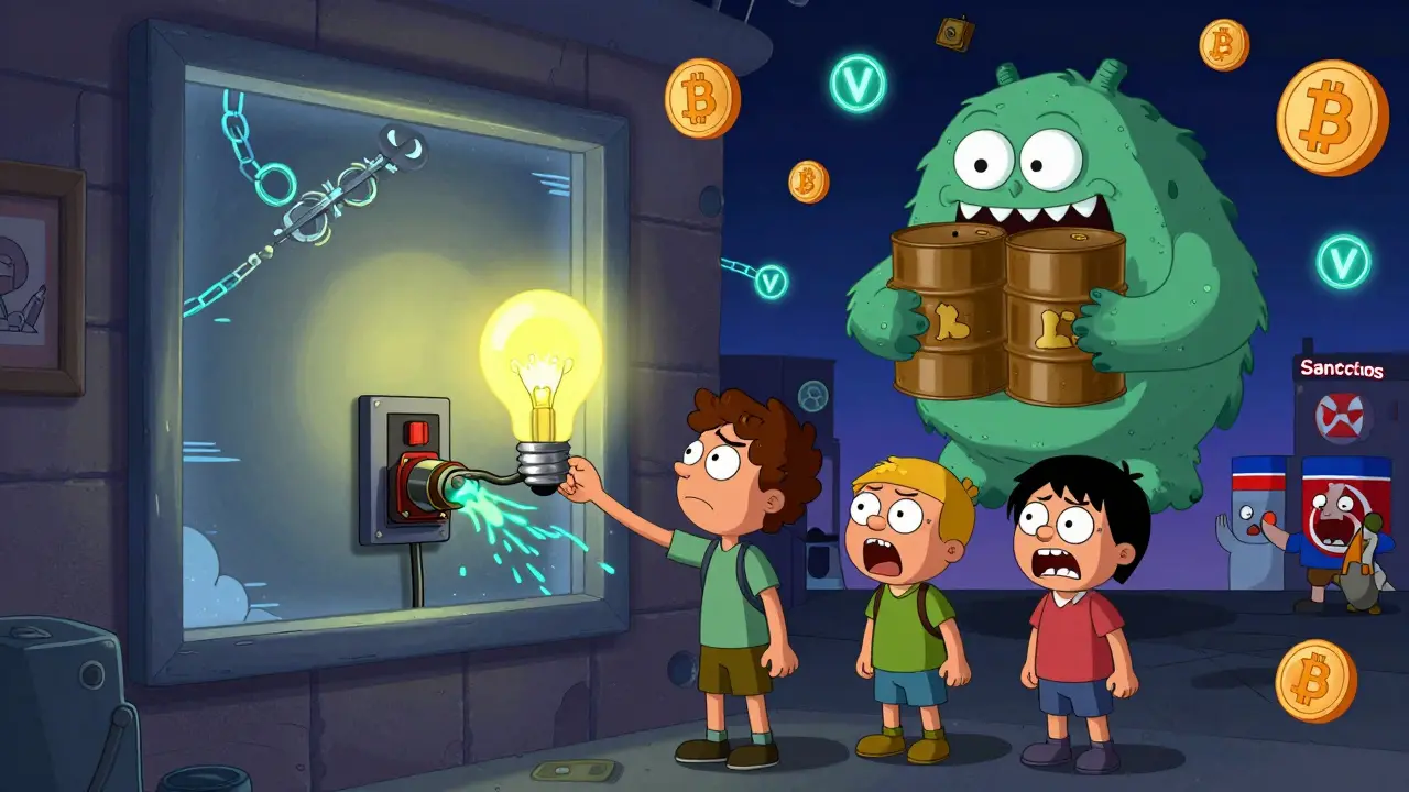 A family struggles to turn on a light as a Bitcoin monster eats oil barrels during a blackout.