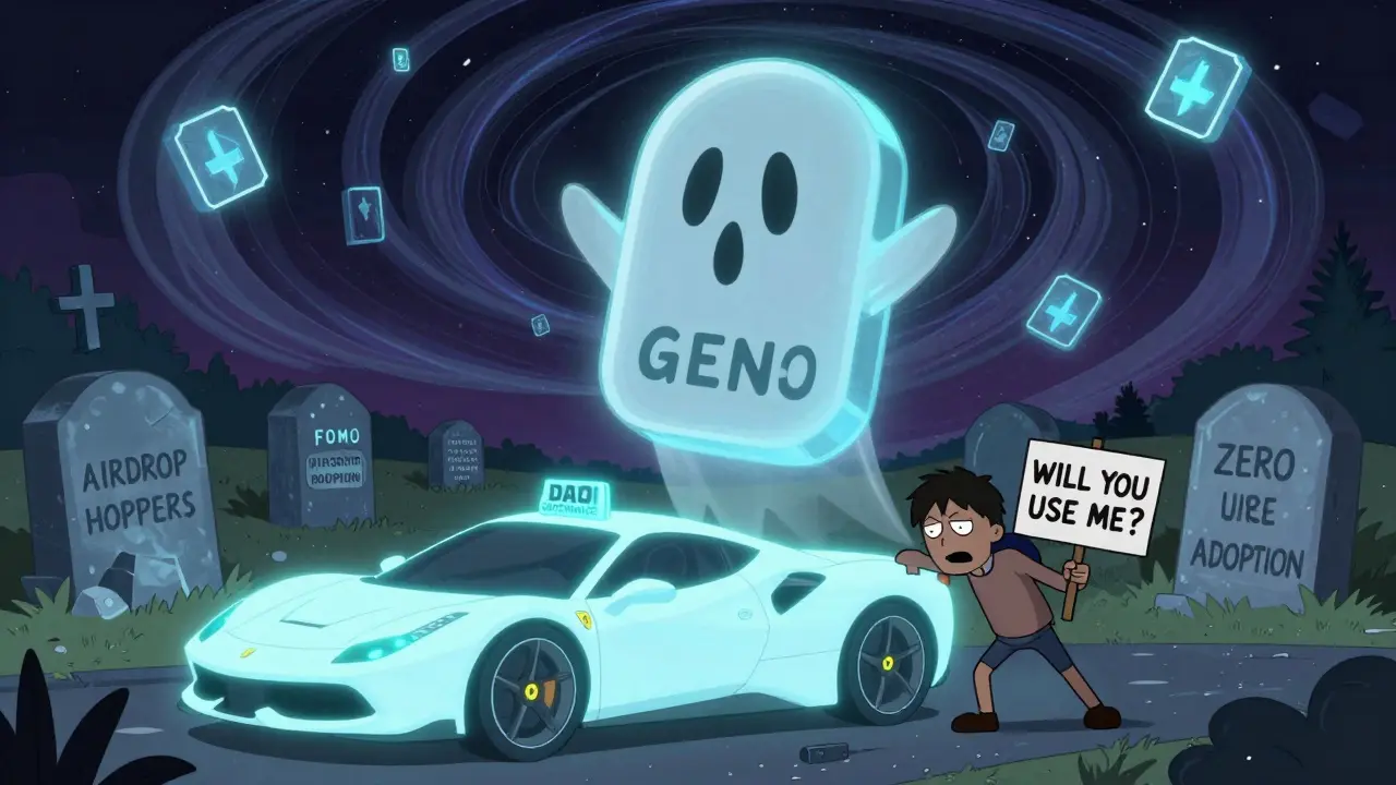 A ghostly GENS token hovers over a crypto graveyard as a futuristic Ferrari is pushed by a weary figure.