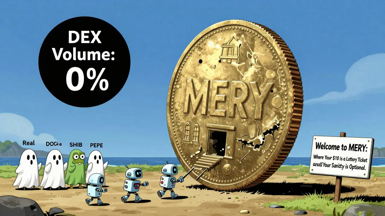 A giant decaying MERY coin is dragged toward a black hole labeled 'DEX Volume: 0%' by tiny robots.