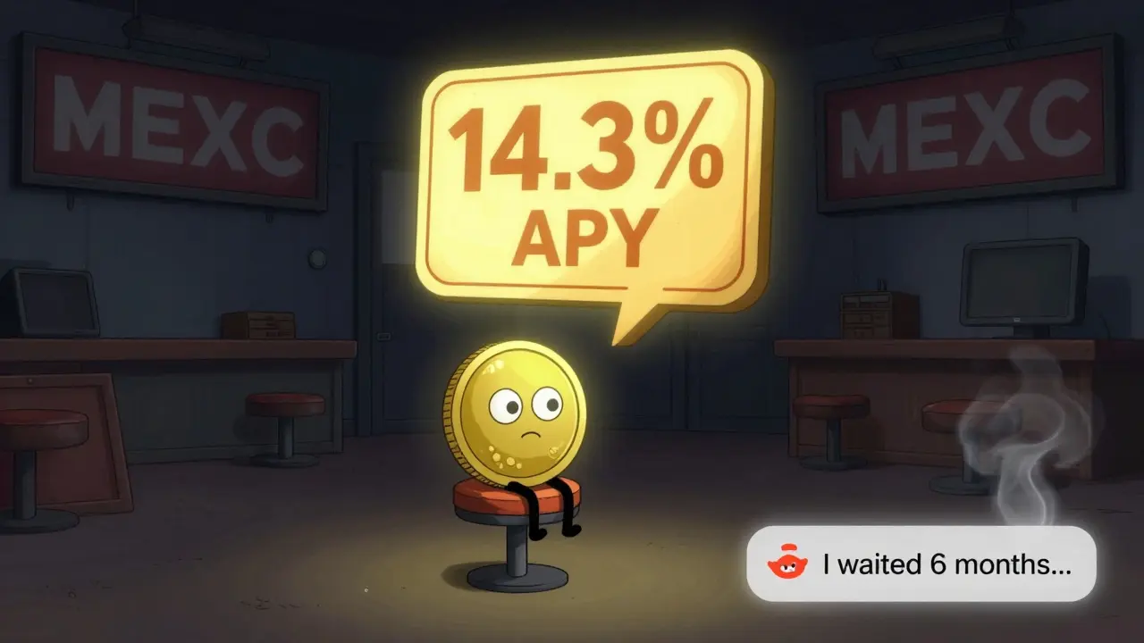 A lonely CRAI token sits alone in a deserted exchange under a glowing APY sign that fades into smoke.