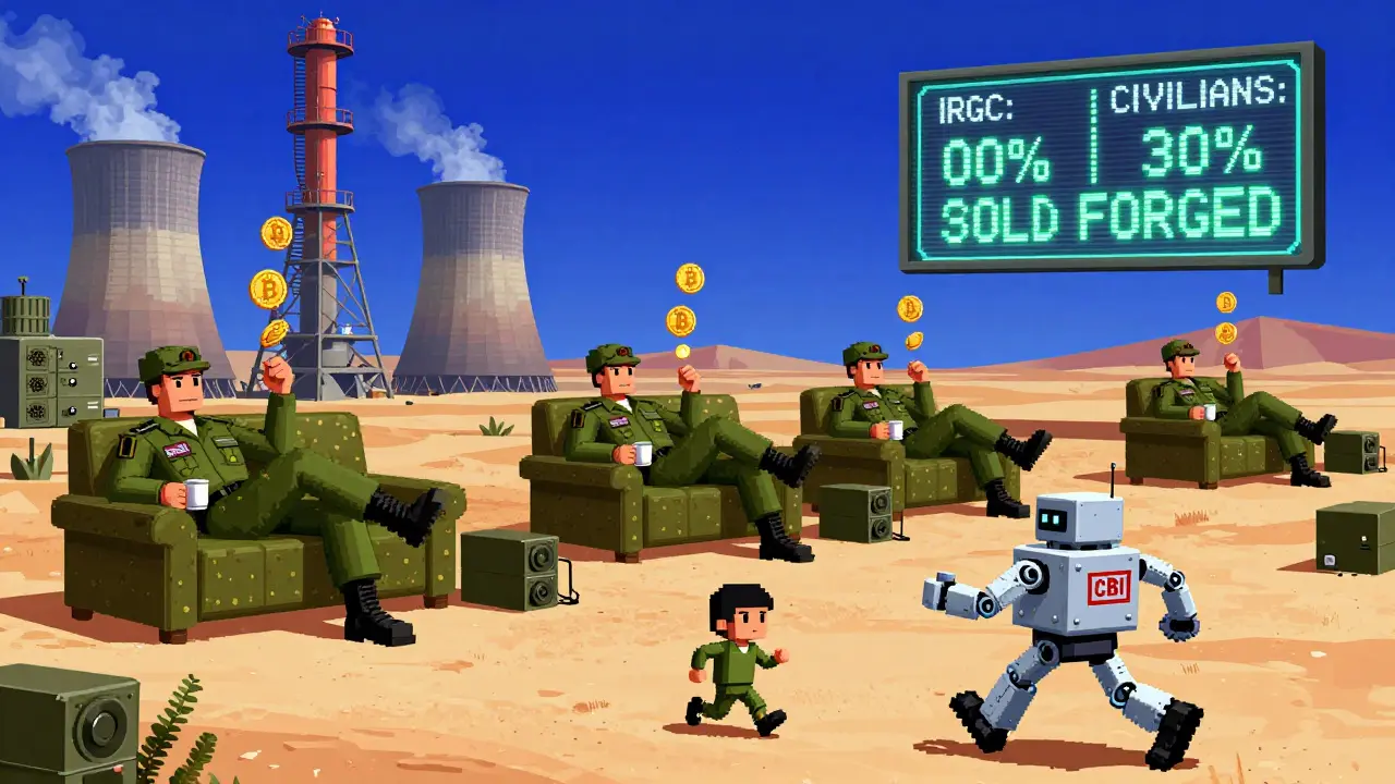 A massive military mining farm with IRGC soldiers relaxing as Bitcoin coins float above them, while a civilian miner flees from a CBI robot.