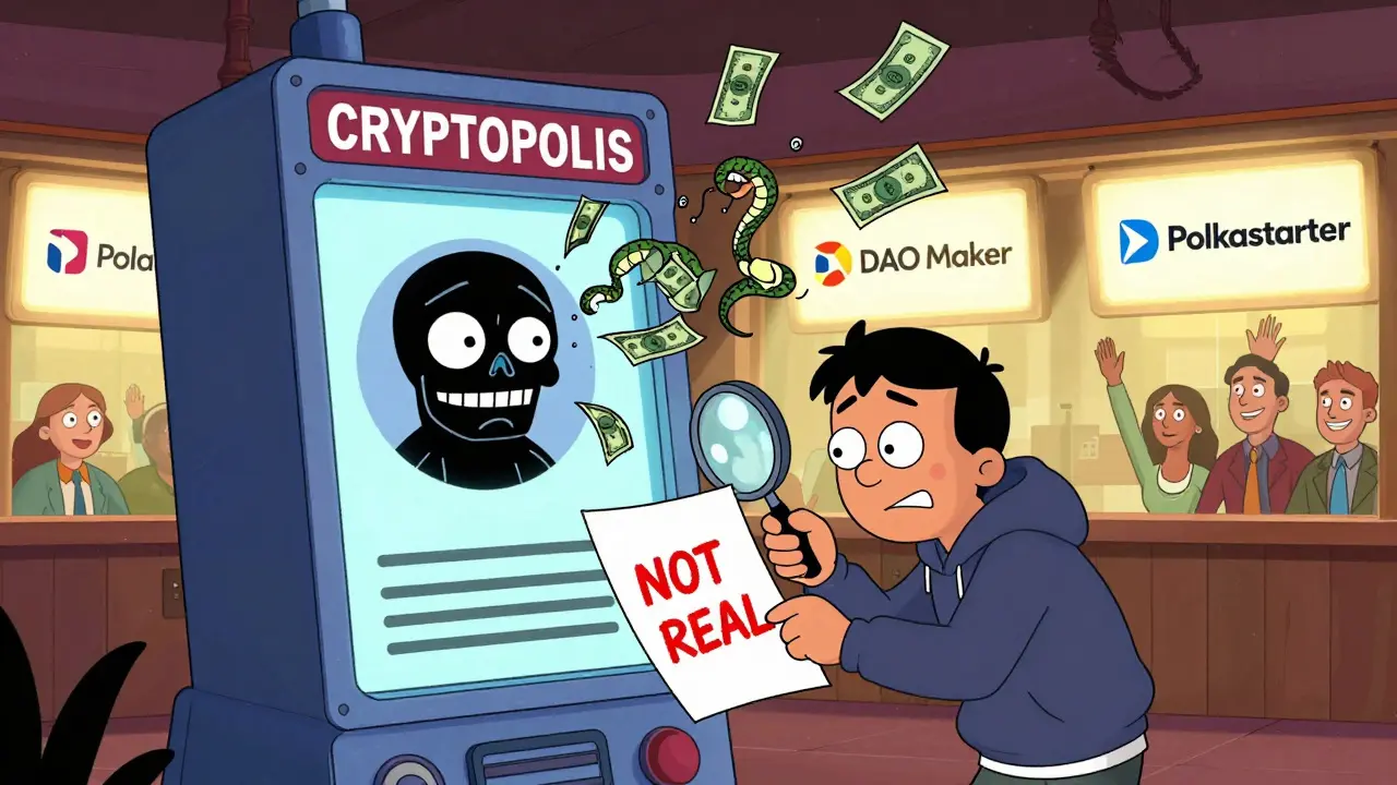 A monstrous fake IDO machine spitting snakes, while legitimate crypto platforms glow safely in the distance.