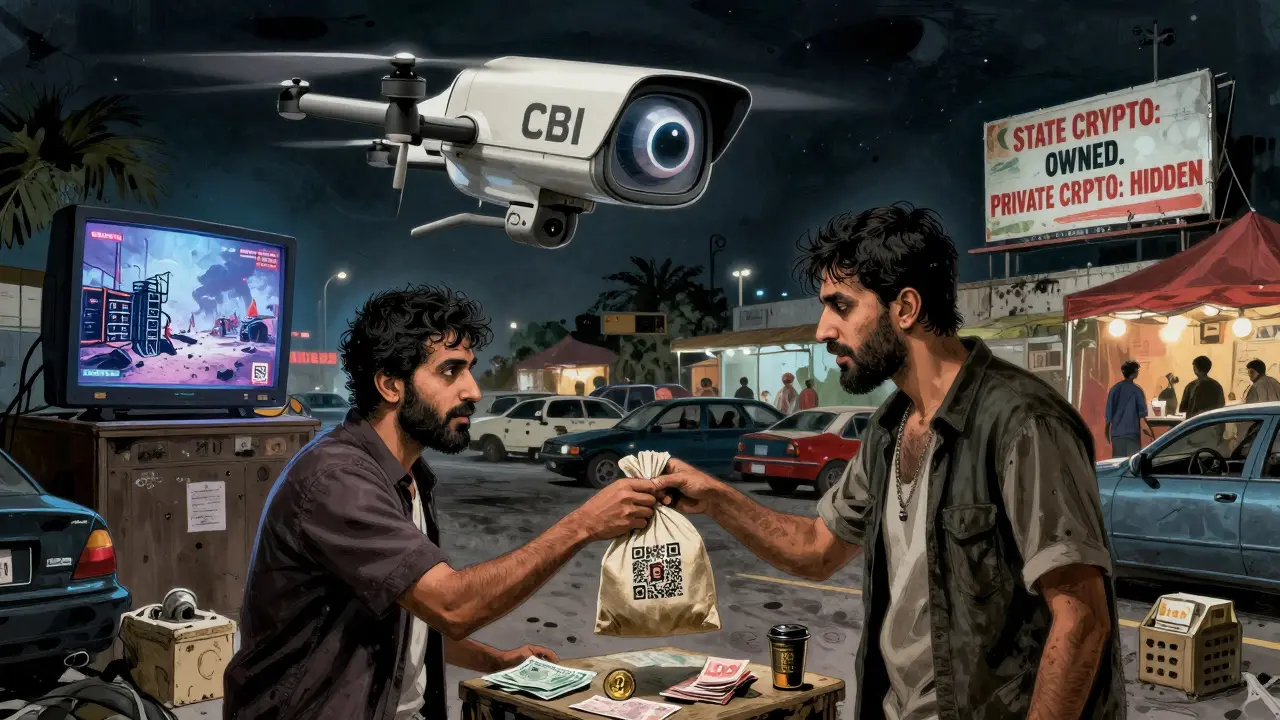 A nighttime black market crypto trade scene under a hovering CBI surveillance drone, with destroyed mining rigs visible in the background.