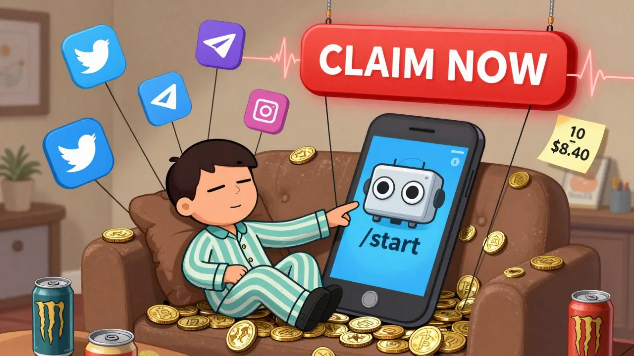 A person in pajamas on a couch of crypto coins, tapping a smartphone with a googly-eyed bot, surrounded by social media icons.