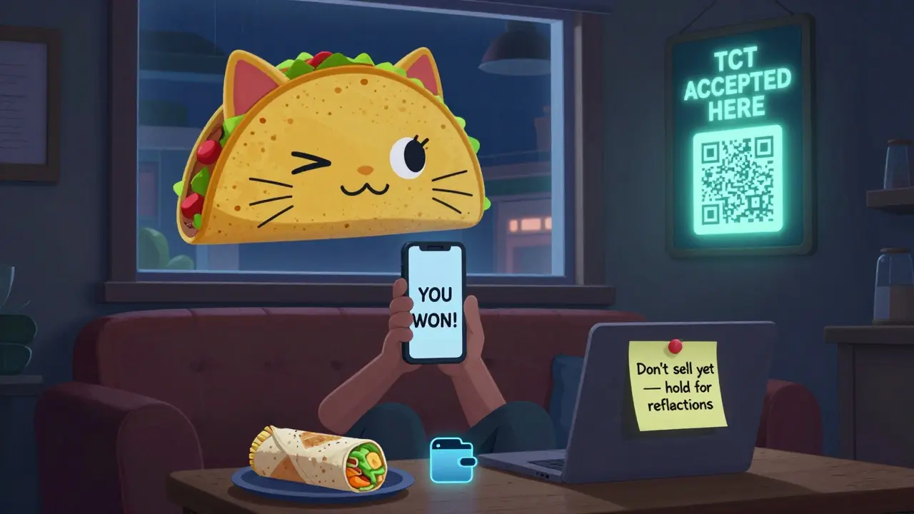 A person receives a winning DM from a taco cat through a window, with a MetaMask wallet and burrito on the table.