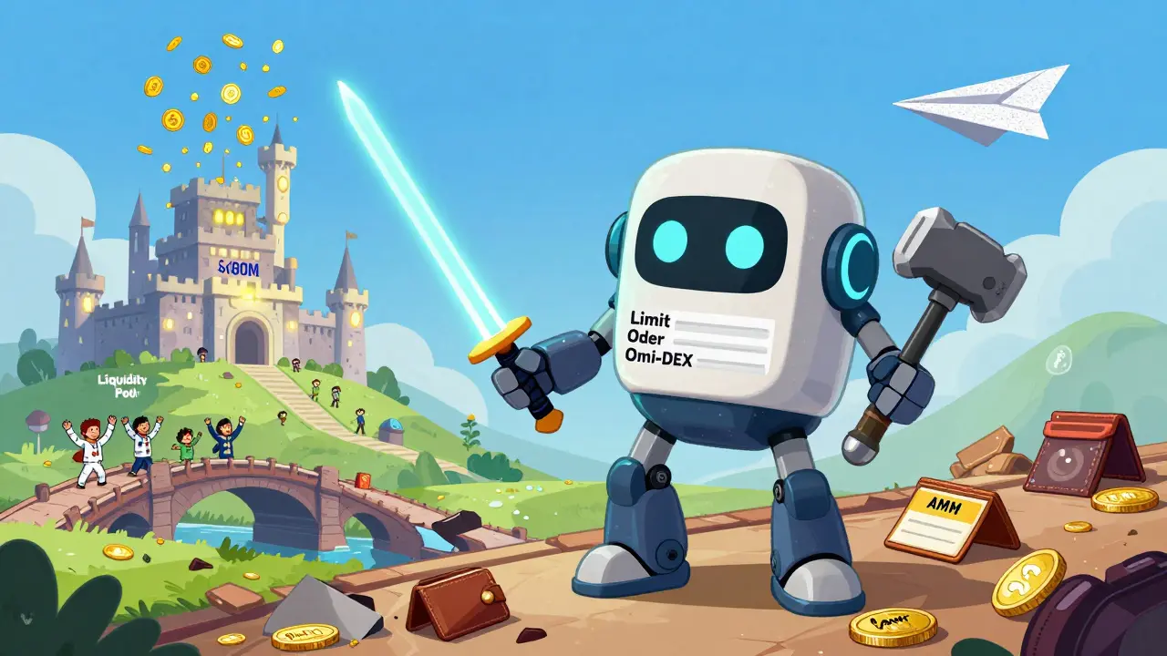 A quirky robot called Sifchain fighting on a crypto battlefield against broken bridges, while THORSwap looms in the distance.