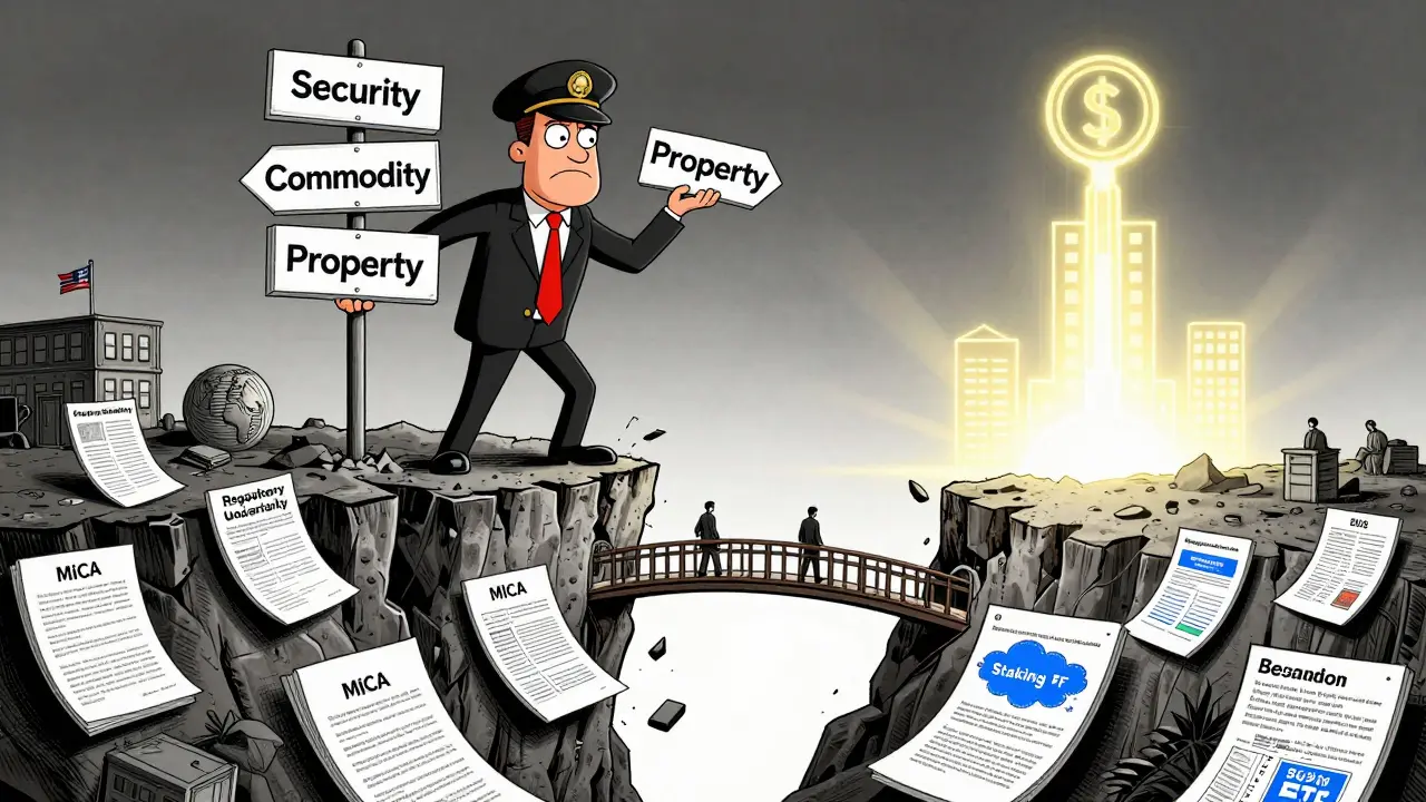 A regulator juggles conflicting crypto labels while institutions build a bridge toward tokenized finance.