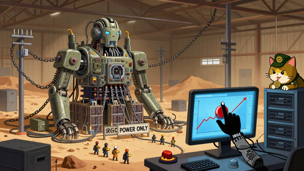 A robotic mining machine in the desert sucks power from public grids while citizens walk with candles.