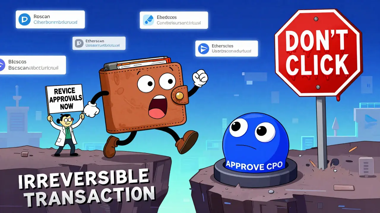 A running wallet escaping a giant approval button, fleeing off a cliff labeled 'IRREVERSIBLE TRANSACTION'.