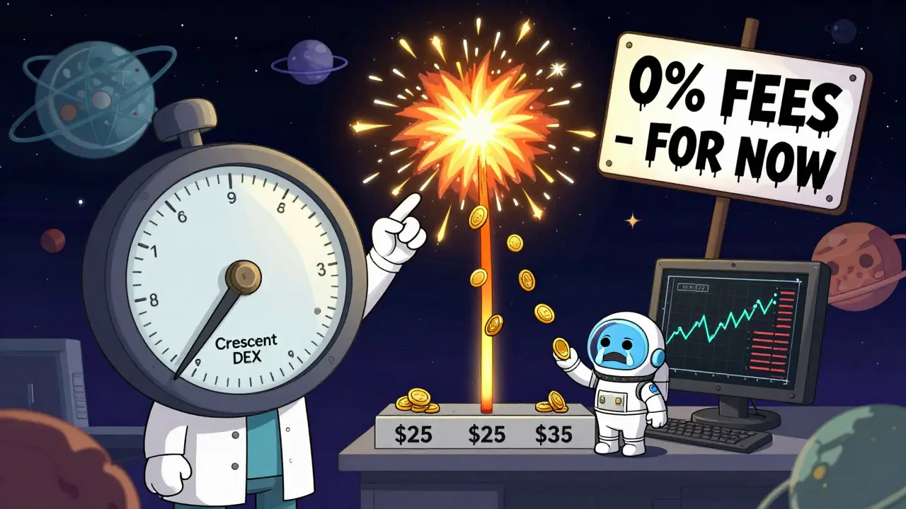 A scientist adjusting a ranged pool dial as liquidity rewards explode, with 0% fees sign in graffiti.