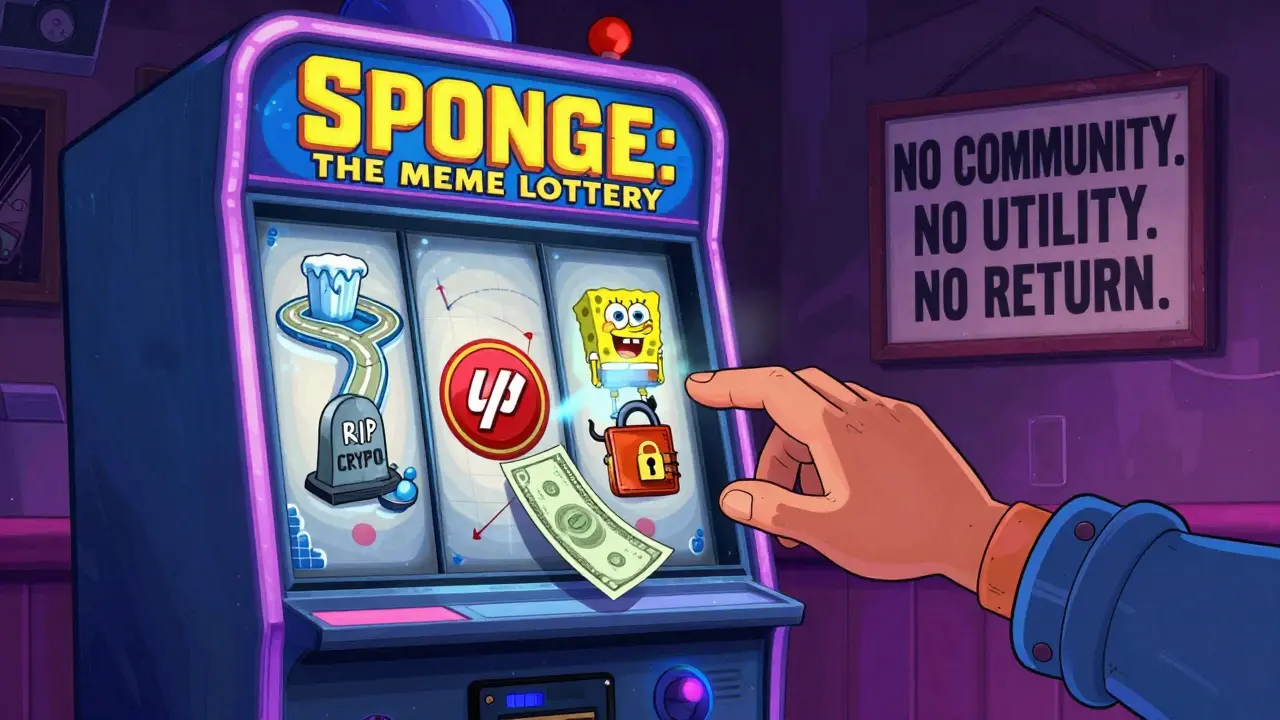 A slot machine labeled 'SPONGE' spitting out a tombstone-wearing SpongeBob amid zero-volume symbols.