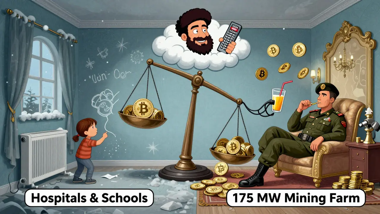 A split scene: a cold family on one side, an IRGC officer surrounded by Bitcoin coins on the other.