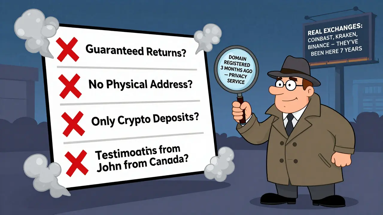 A surreal checklist of crypto scam red flags exploding into smoke with detective inspecting.