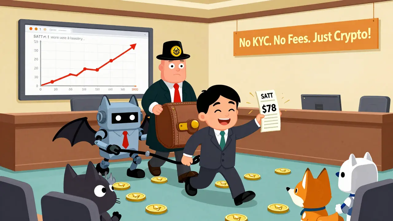 A surreal courtroom where a SATT-hat judge tries a phishing website, while a user holds up a  SATT receipt.