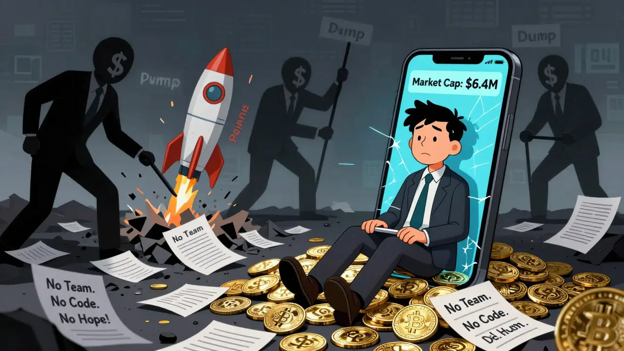 A tired investor sits on piles of MERY tokens as shadowy figures pull pump-and-dump levers behind him.