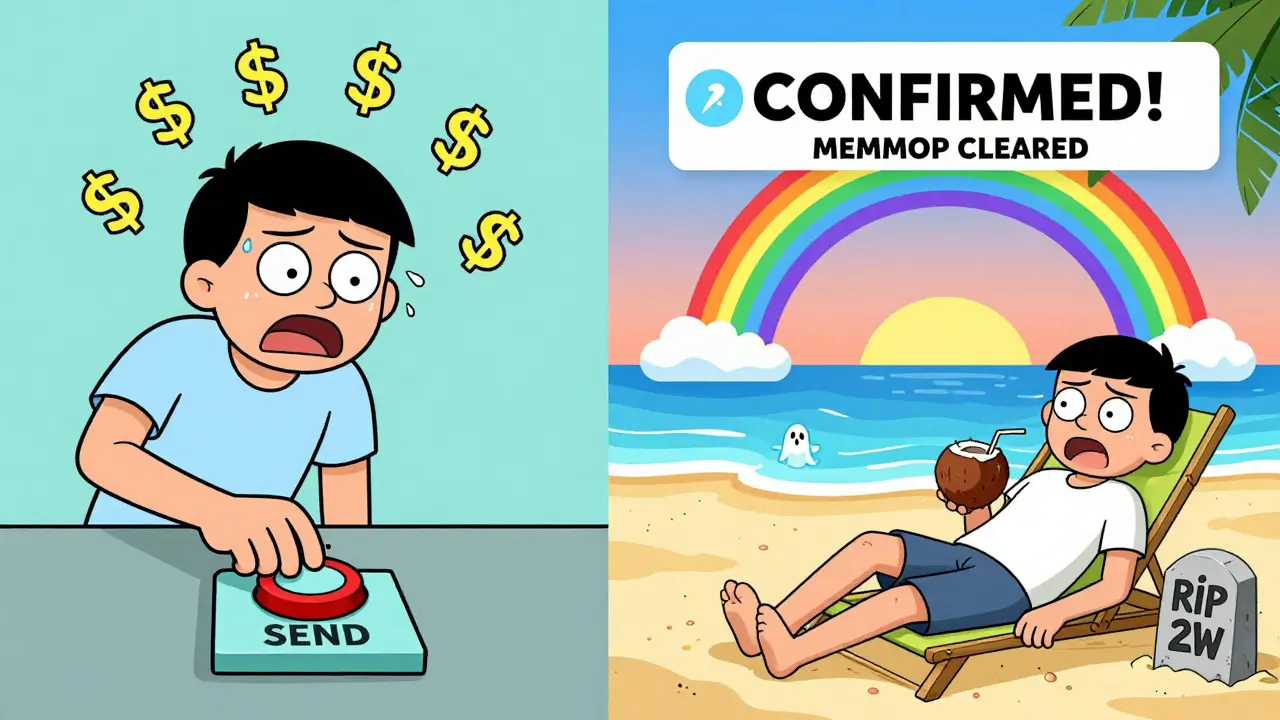 A user panics sending a low-fee transaction, then relaxes on a beach when it finally confirms two weeks later.