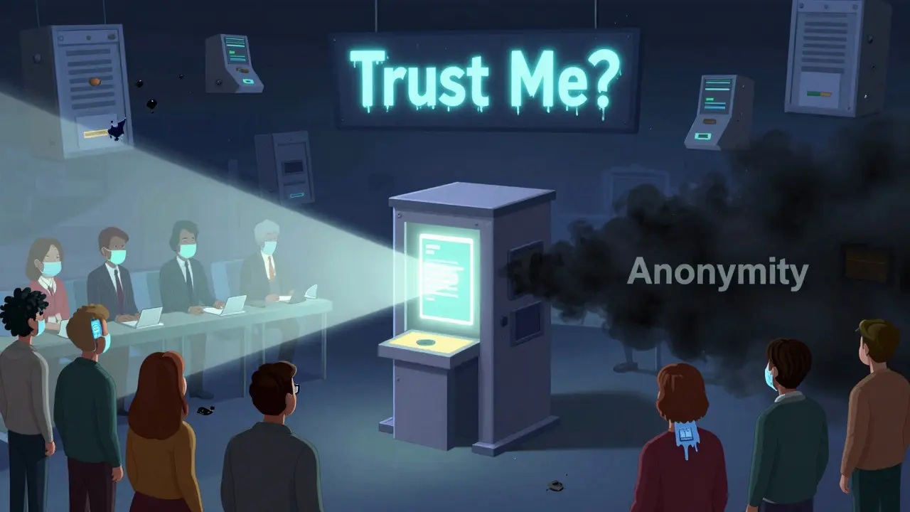 A voting booth splitting into public and anonymous paths, with shadowy figures watching and voters frozen in confusion.