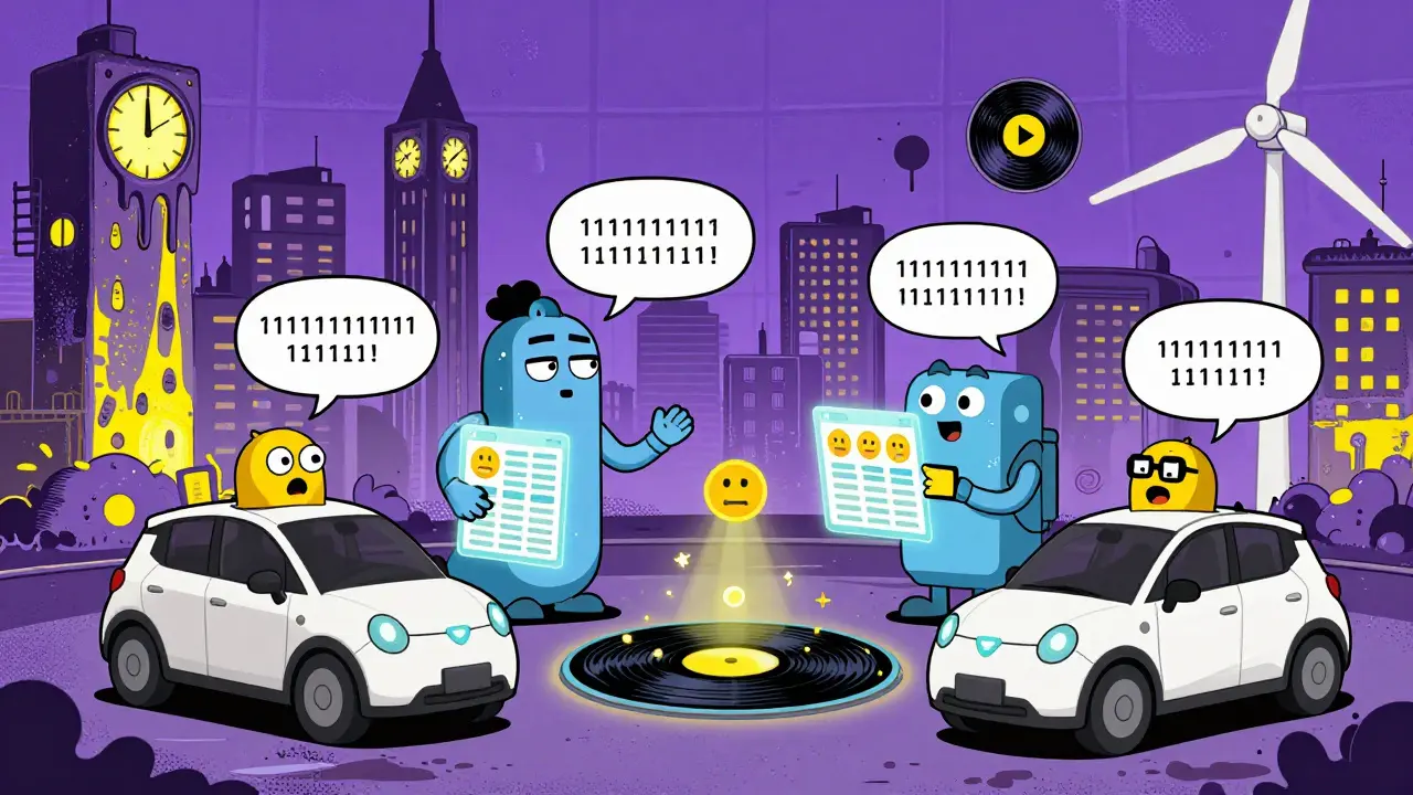 AI machines trade energy tokens on a smart grid, with blockchain ledgers spinning like vinyl records.