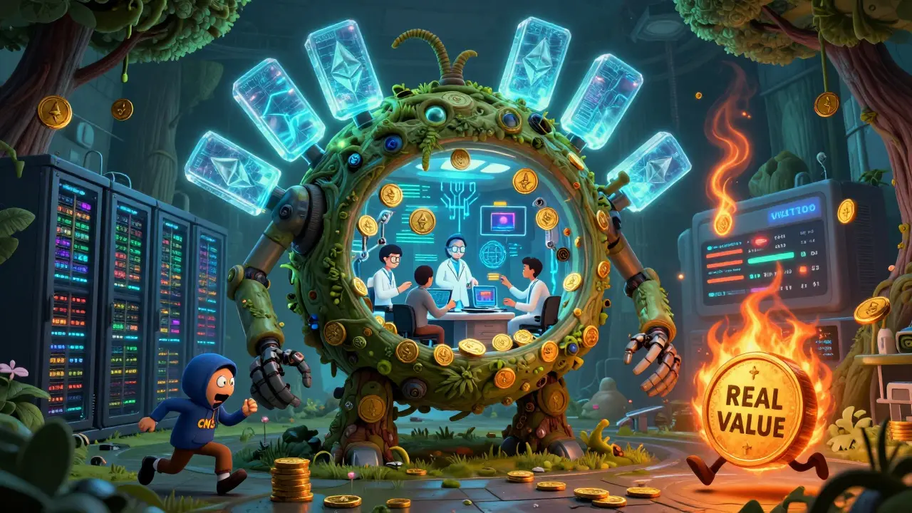 An eco-friendly data center shaped like a mech, powering AI with burning AITECH tokens, while a scammer flees.