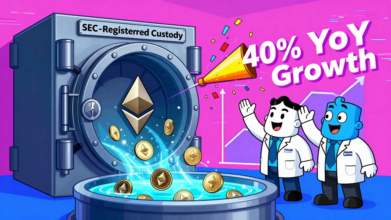 An institutional vault opens to reveal Ethereum tokens and staking rewards with Fidelity and Coinbase mascots celebrating.