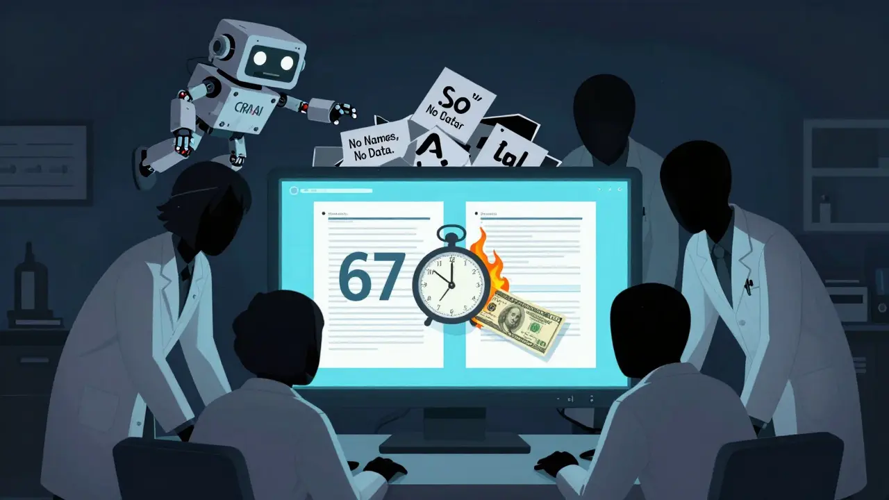 Anonymous figures stare at a morphing whitepaper and burning money under a half-built AI robot.