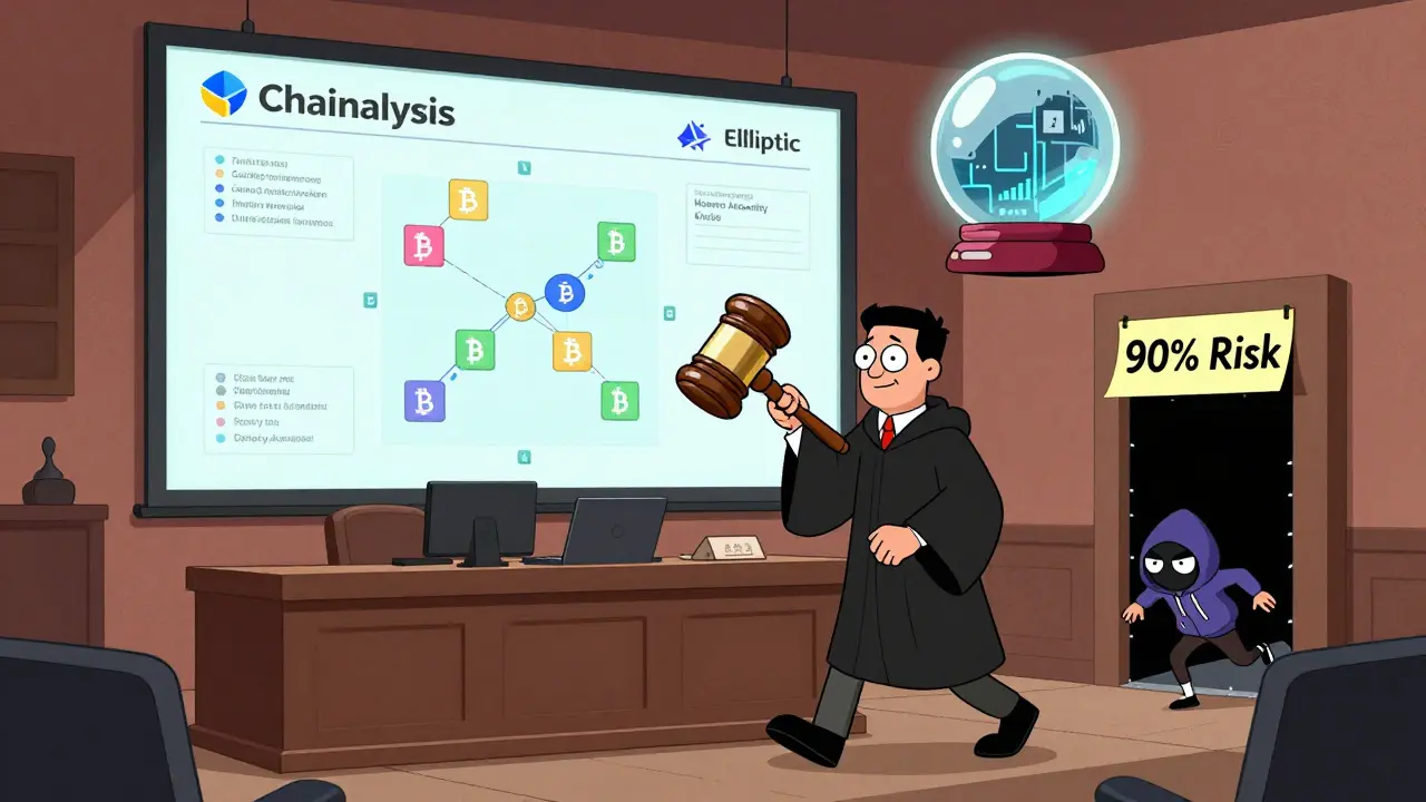 Courtroom scene with blockchain-themed judge and predictive AI hovering above, blocking a criminal’s escape through a Monero portal.