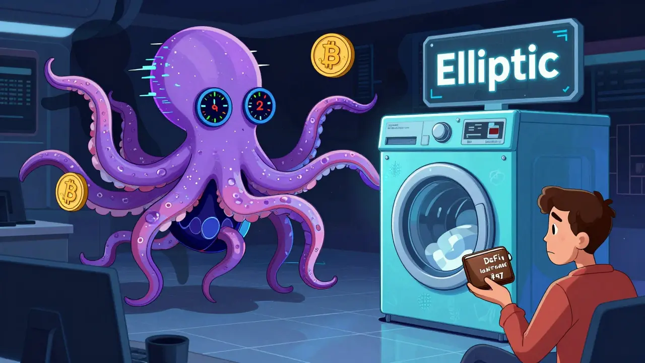 Glitchy octopus AI intercepting suspicious crypto transactions before they reach the blockchain, with privacy coins hiding in shadows.