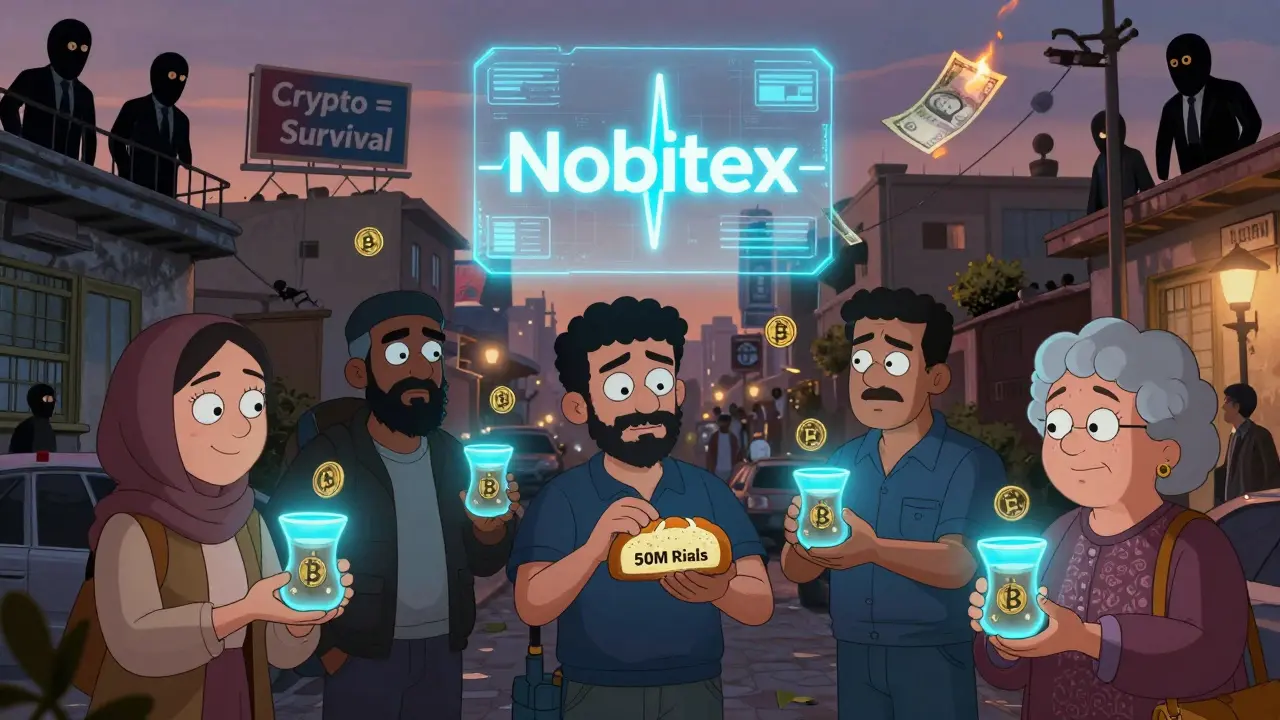 Iranian citizens trading DAI coins in street market while CBI agents watch from above, glowing wallets in hand.