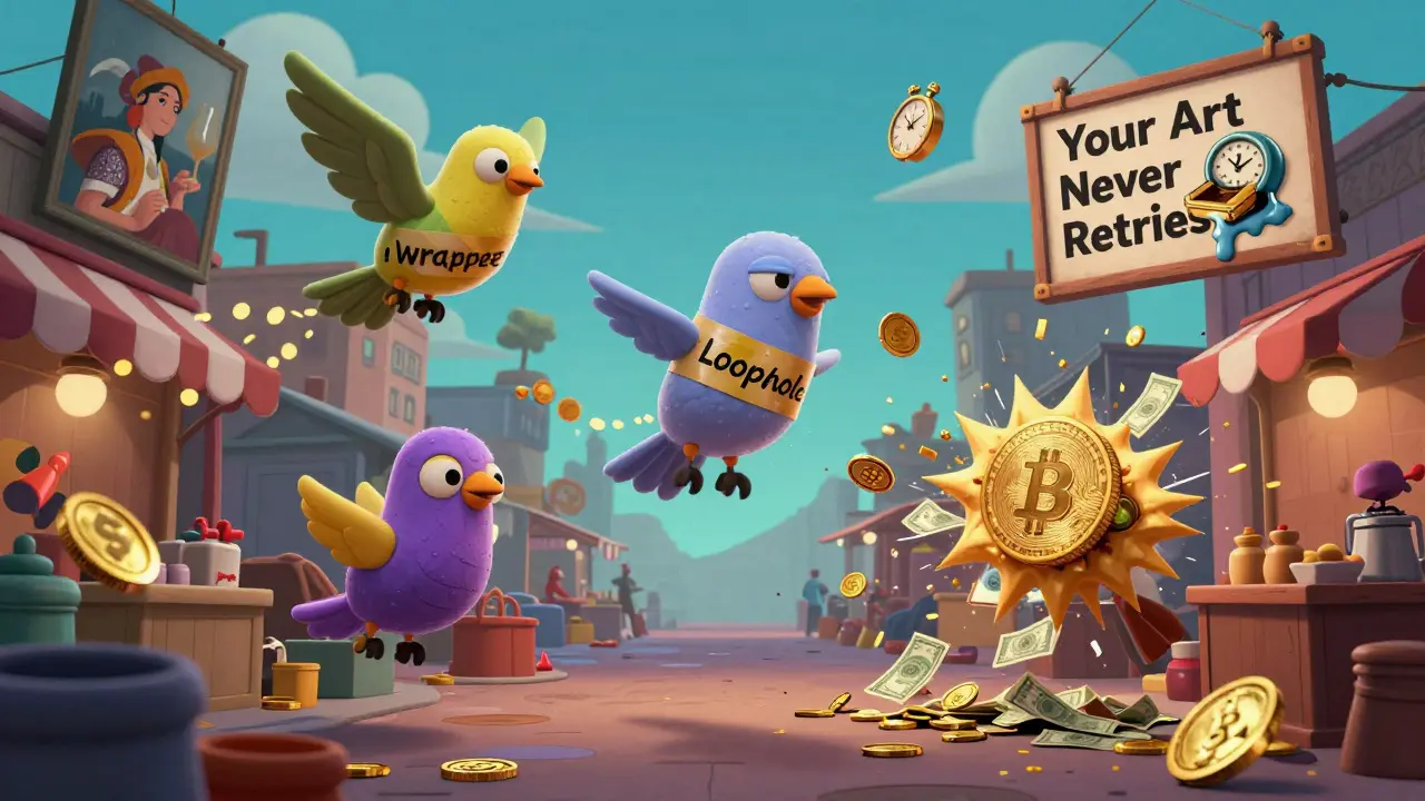 NFTs flying like birds through a marketplace, one being wrapped in duct tape, others exploding into payment confetti.