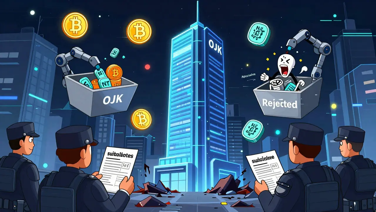 OJK officials sorting digital assets into approved and rejected bins in a futuristic financial tower.